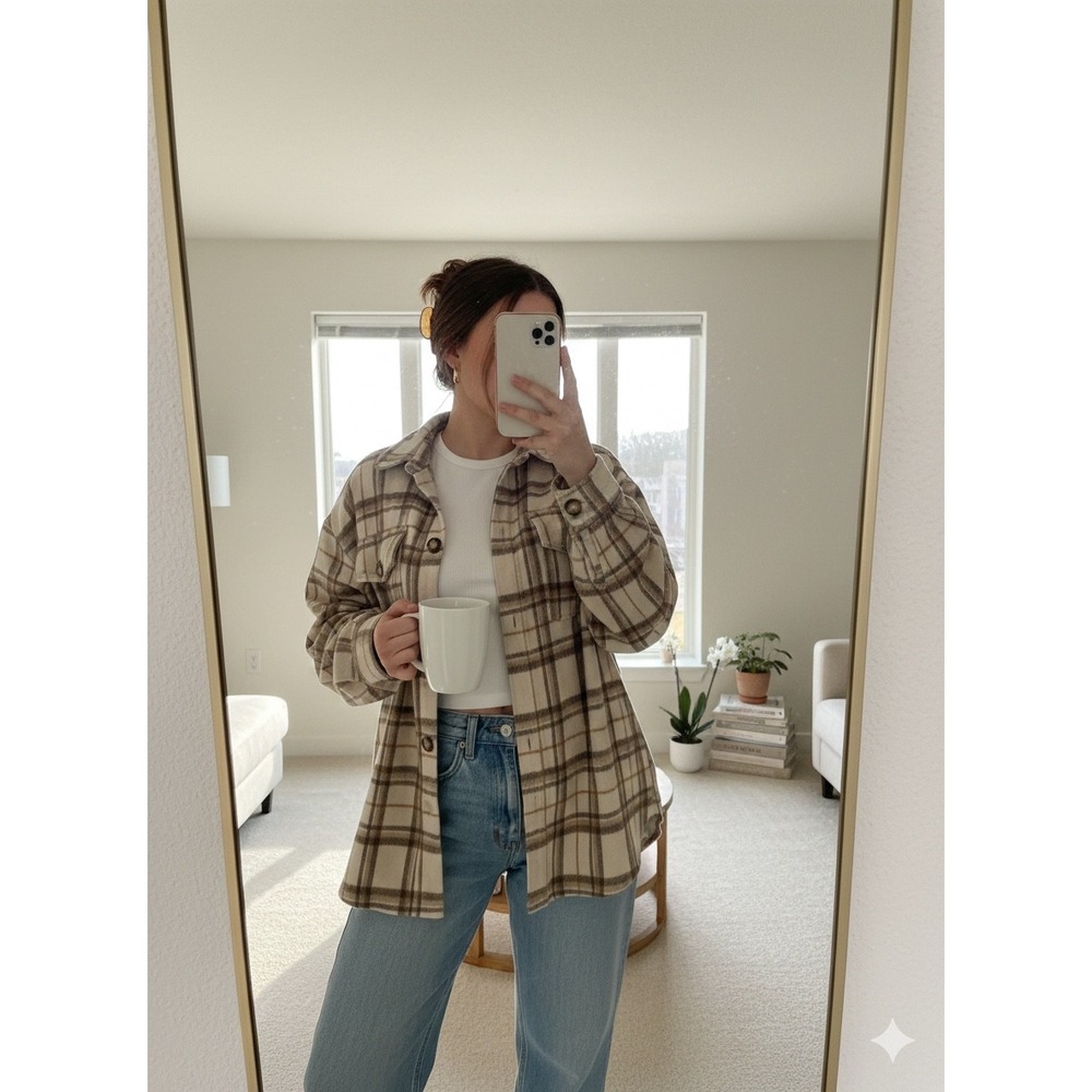 Oversized Earth Tone Plaid Shacket Cozy‎ Neutral Button Up Flannel Jacket